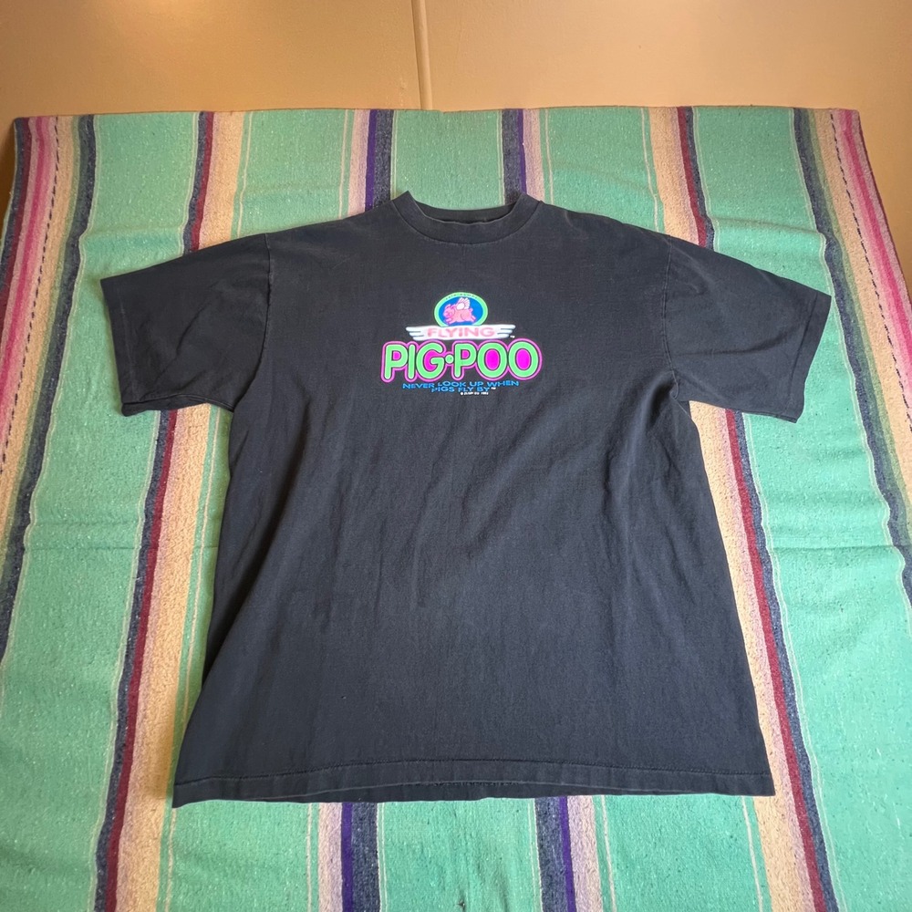 Funny T-Shirt Mens XL Black 1993 Flying Pig Poo Vintage Graphic Tee 90s USA